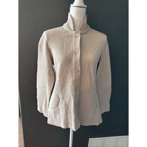 Eileen Fisher Cream Waffle Knit Stand Collar Jacket Cardigan Medium